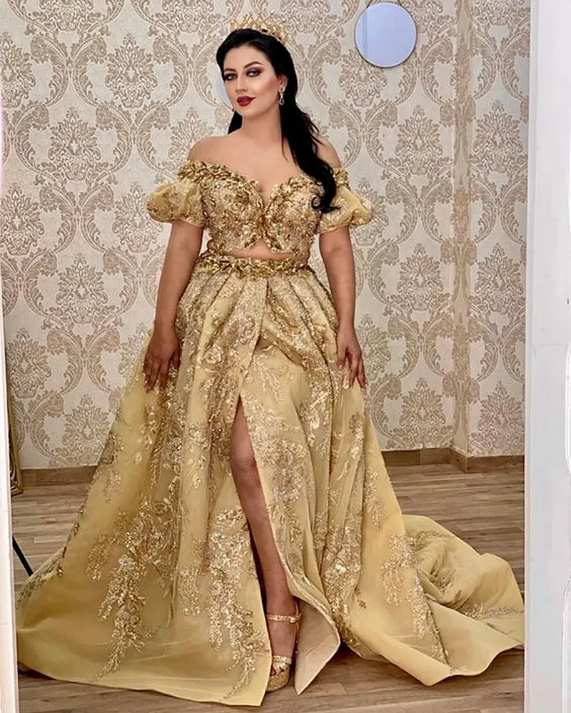 Glitter Arabic Tunisia Gold Evening Dresses Lace Appliques Front Split Two Pieces Prom Dress For Women Short Sleeves Modern Special Occasion Gowns For Women 2024