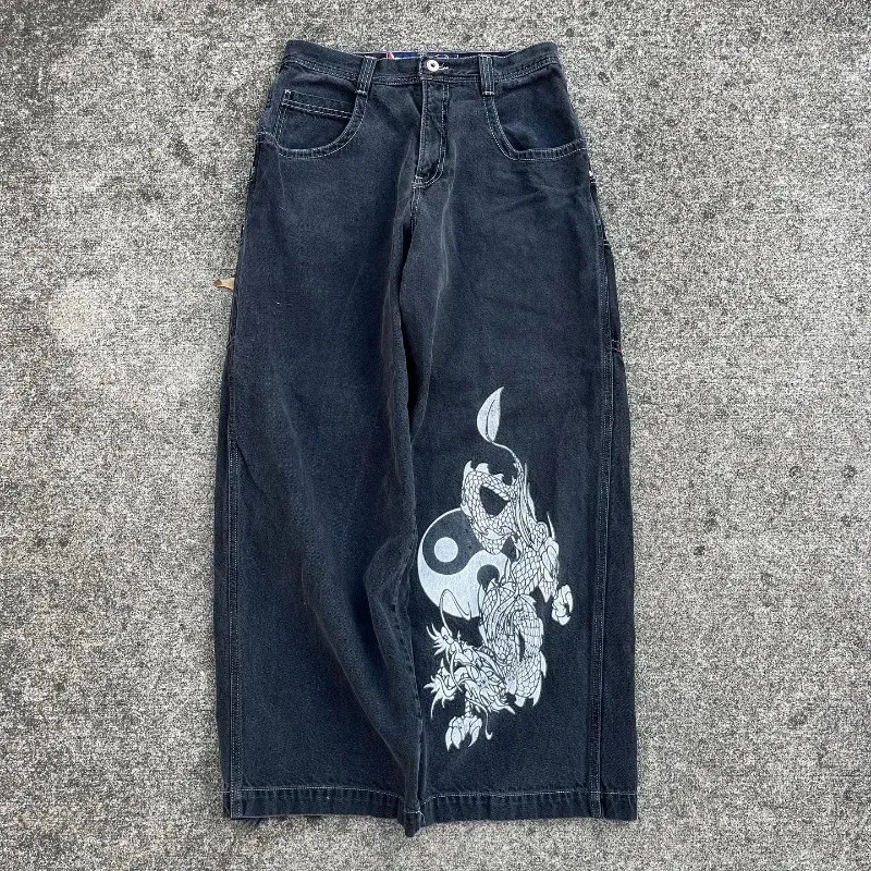 Y2K Dragon Graphic Baggy Jeans Men's Women's Vintage Wide Leg Denim,  JNCO Style, Harajuku Gothic Hip Hop Streetwear Pants