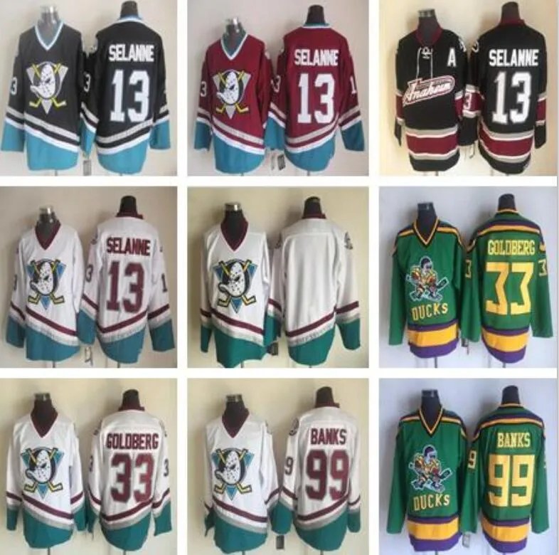 Mighty Ducks 33 Greg Goldberg 13 Selanne 99 Adam Banks Maillot de hockey blanc Vintage Maillots de hockey sur glace pour hommes