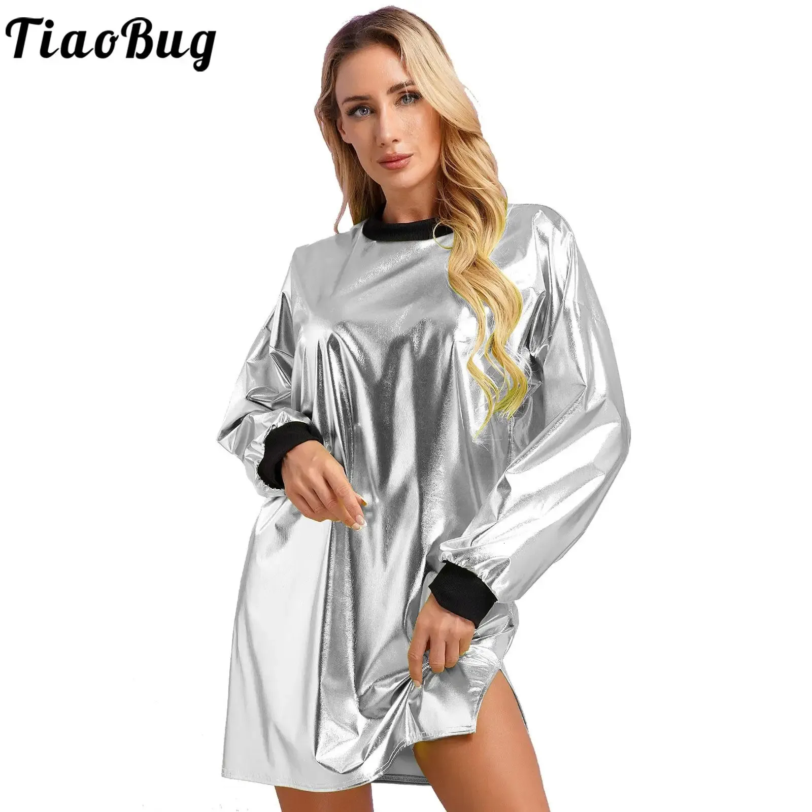 Feminino metálico brilhante camiseta vestido em torno do pescoço manga longa costela guarnições soltas em linha reta para discoteca dança 231220