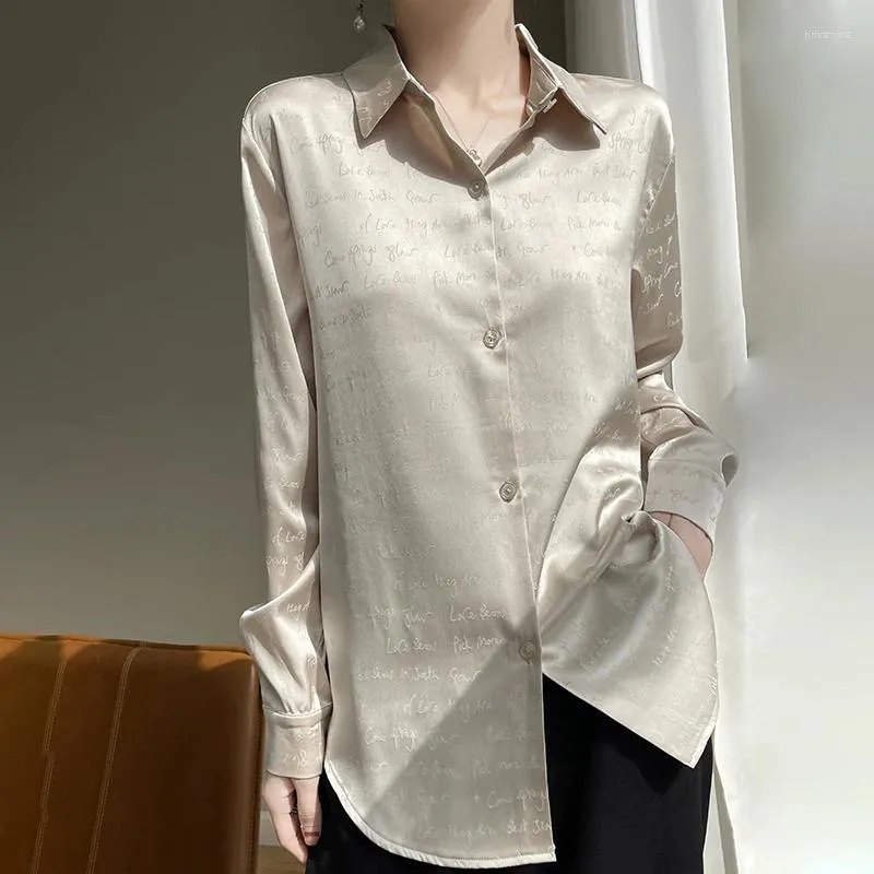 Blusas femininas primavera fina high-end drape cetim camisa jacquard carta seda suave manga comprida lapela cardigan real