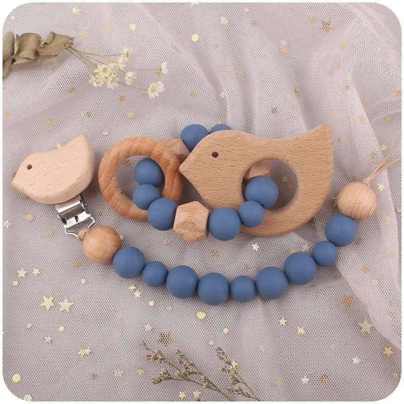 Pacifier Holders Clips Baby Clip Wooden Teethers BraceteTelet Setsilicone Beads Infants Toying Toy Lost Lost Cartoon Star Cloud Cat 231207