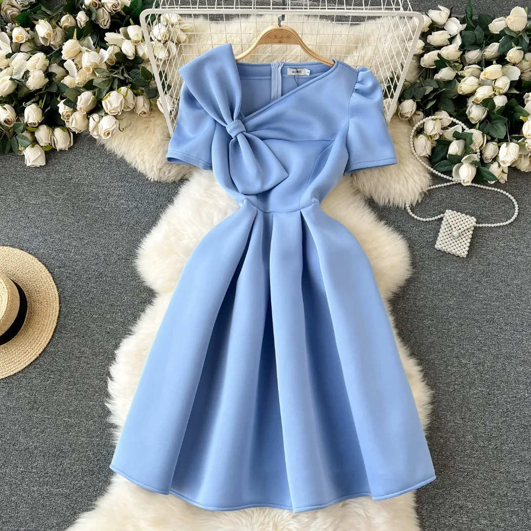 European and American style dress high-end temperament bow bubble sleeves waist up slim and elegant banquet dress birthday dress