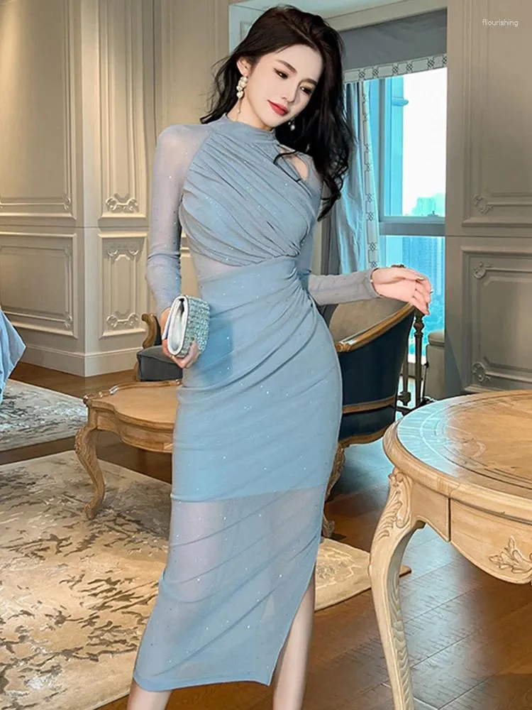 Casual Dresses French Sexy Prom Dress For Women Sheer Mesh Bright Rhinestone Cut Out Pleated Tight Bodycon Slit Robe Female Party Club