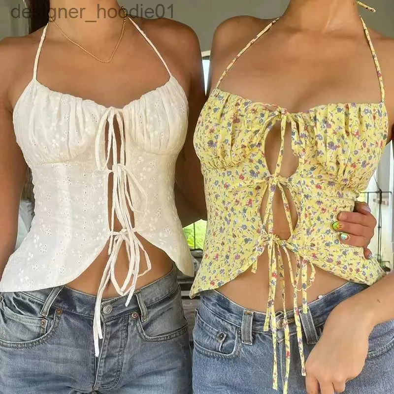 Tanques de mujer Camis Boho Vintage Estampado floral Camisola Y2K Estética Fairycore Hollow Out Lace Up Sin espalda Halter Crop Top Mujeres Verano Playa Chaleco L231208