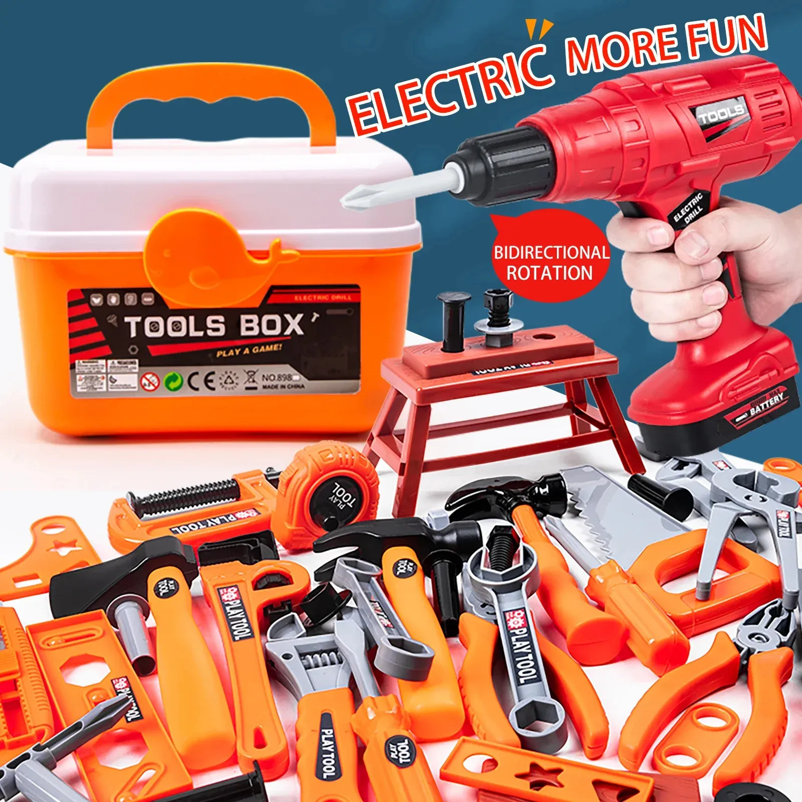 Tools Workshop Children's Tool Set with Electric Toy Drill Kids Power Phers Phersend Play Kit for Boys Girls Education Montessori Learning 231207