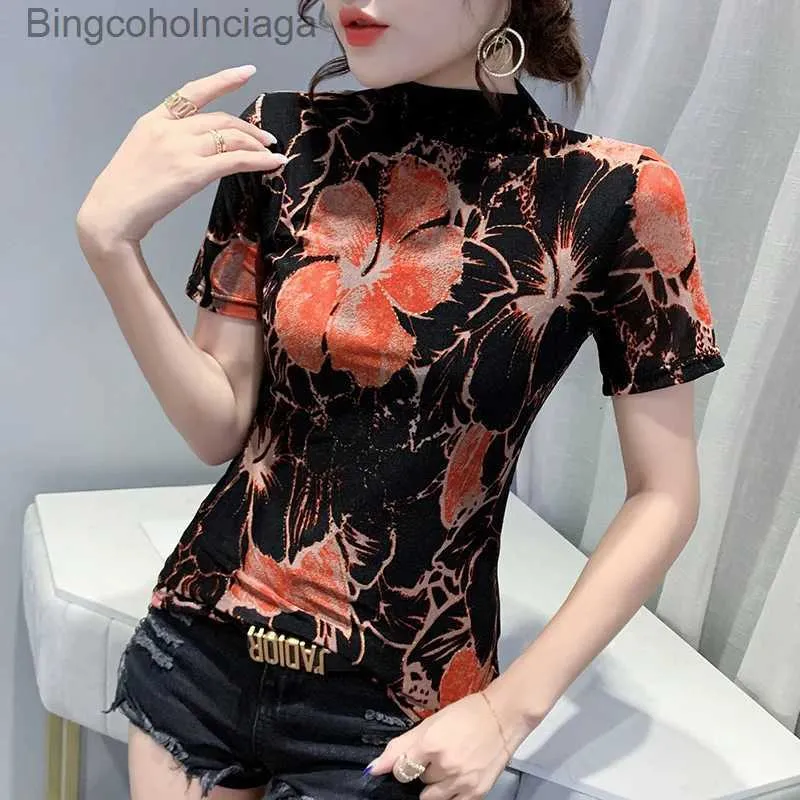 Women's T-shirt #7295 Black Turtleneck T-shirt för kvinnor Flower 3D Printed T-shirt Femme Short Sles Sexig Mesh Vintage Women's T-shirt Summerl231208