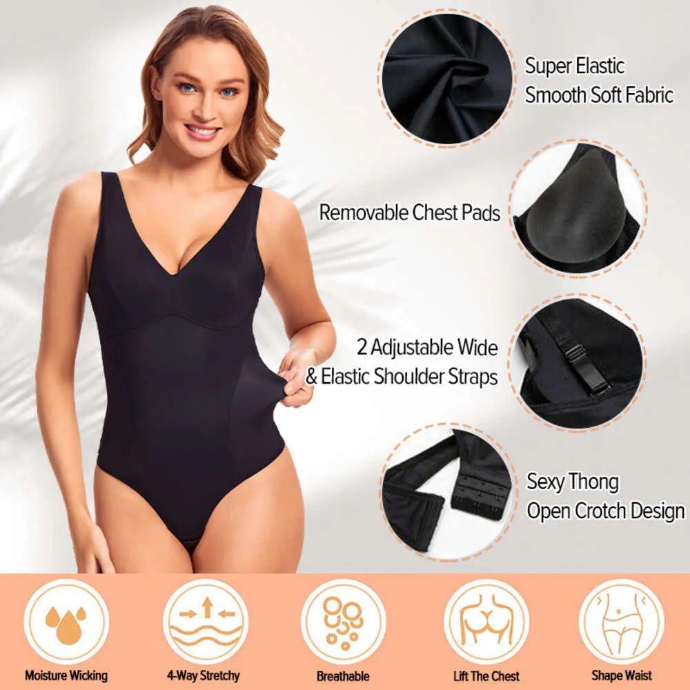 Women Sexy Thong Bodysuit Built In Bra Push Up Chest Smooth V Neck Body  Shaper Tummy Control Slimming Backless Padded Shapewear From 27,67 €