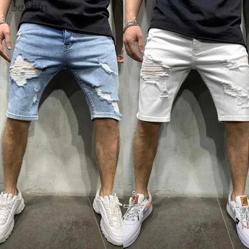 Calças de brim masculinas 2023 verão shorts jeans calças jeans estiramento branco design de moda jeans rasgados magros calças curtas hombrel231209