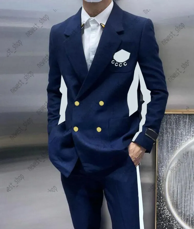 23SS Designer-Herrenanzüge, Blazer, luxuriöse Freizeitkleidung im westlichen Stil, Mäntel mit Buchstabendruck, Damen-Kooperationsmantel, schmale Passform, blauer Anzug mit Bandstreifen
