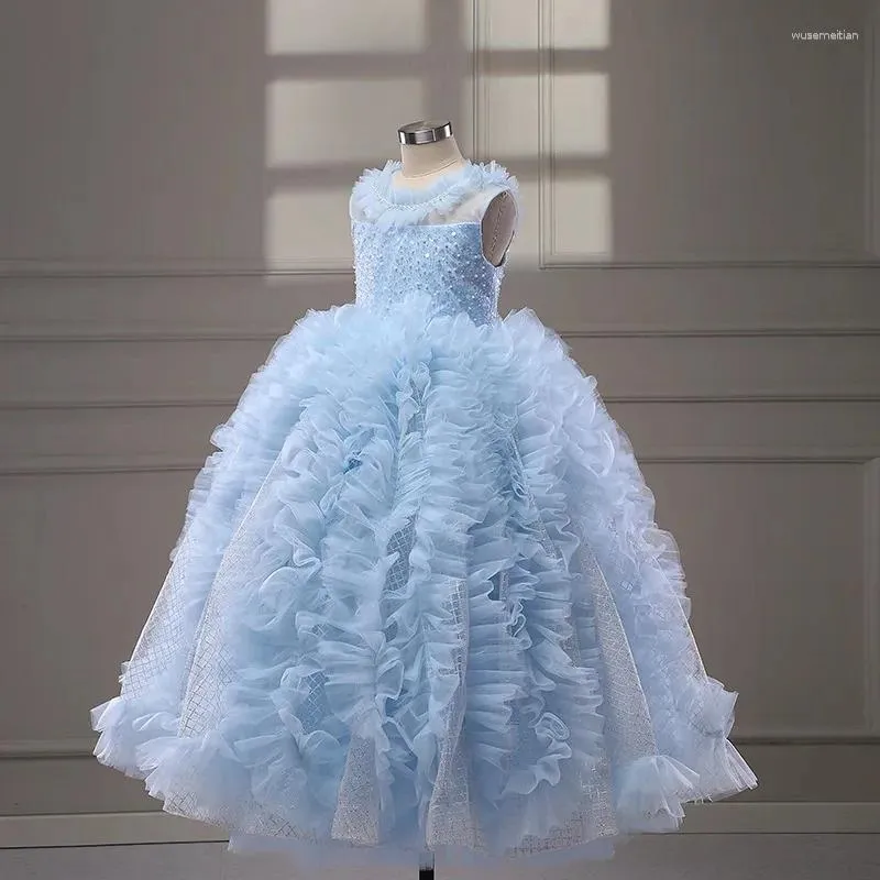 Robes de fille Haut de gamme Fleur Filles Robe de mariée Fête d'anniversaire Princesse Enfants Hôte Piano Performance Brillant Paillettes Robe Perlée