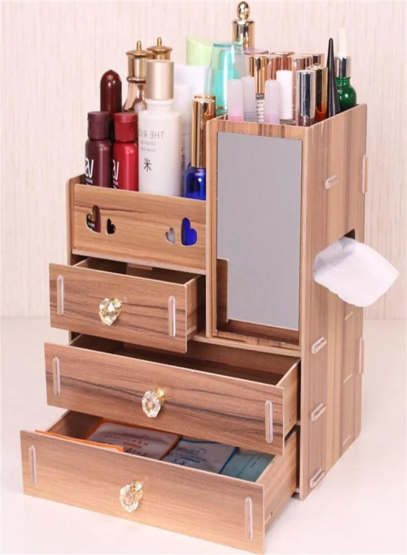 Urijk Diy Wood Storage Box Makeup Organizer Smyckesbehållare Trä lås Organiser Handgjorda kosmetiska lagringsbox207t9267586