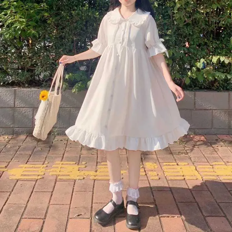 Urban Sexy Dresses Lolita Style Dresses for Women 2022 Kaii Peter Pan Collar White Women's Summer Dress Short Sle Flounced Edge Women's Dress L231208