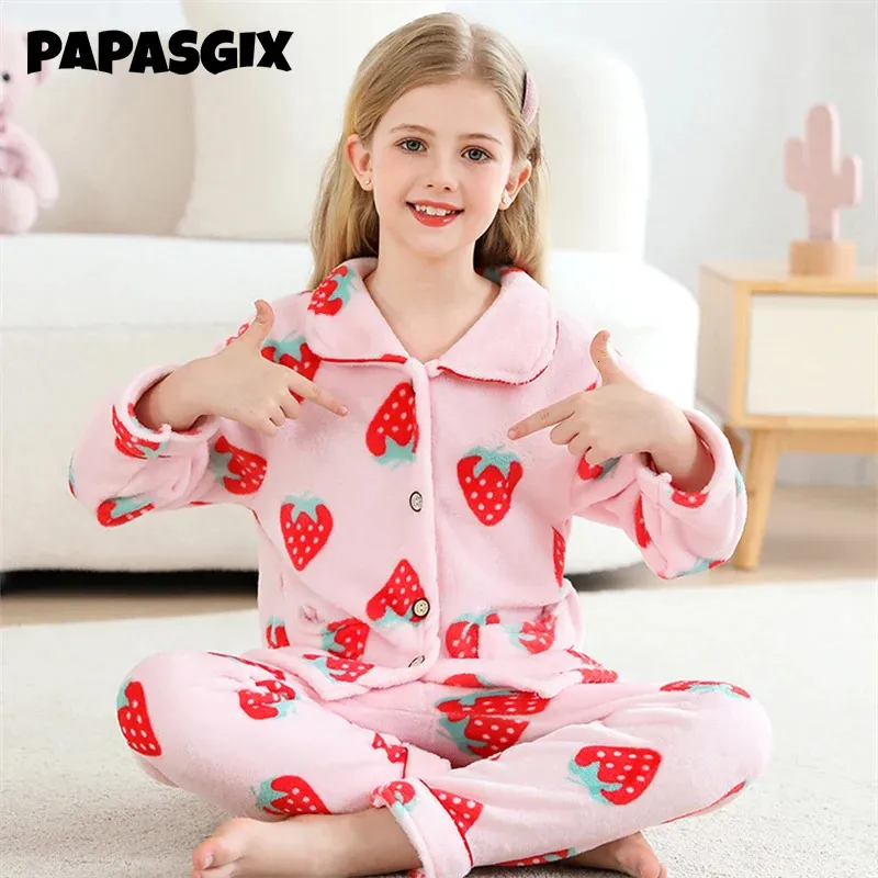 Pyjamas Automne Hiver Chaud Flanelle Filles Pyjamas Ensemble Pantalon À Manches Longues Ensemble Deux Pièces Garçons Doux Homewear Enfants Vêtements 214Y 231207