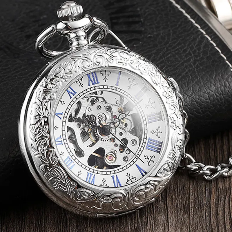 Pocket Watches Antique Full Silver Rostfri Steel Pocket Watch Mechanical Men Steampunk Vintage Hand-Wind Graved FOB Pendant Clock Women 231208