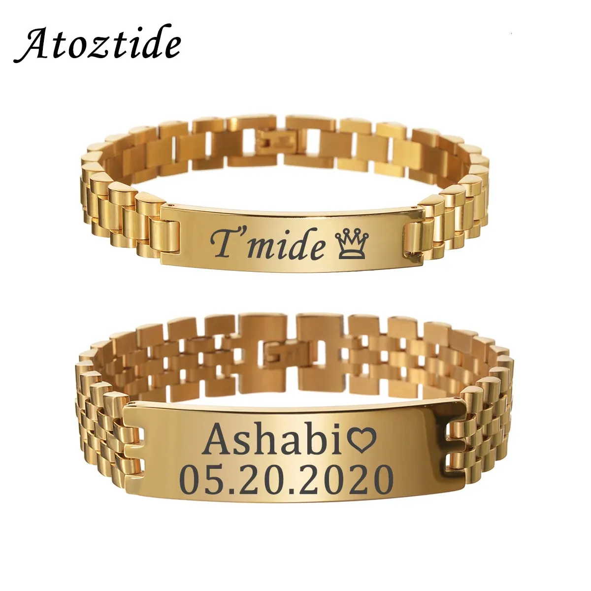 Charm Bracelets Atoztide 10mm Punk Men Personalised Engraved Name Date Bracelets for Women Thick Chain Stainless Steel Jewelry Bangle Gift 231207