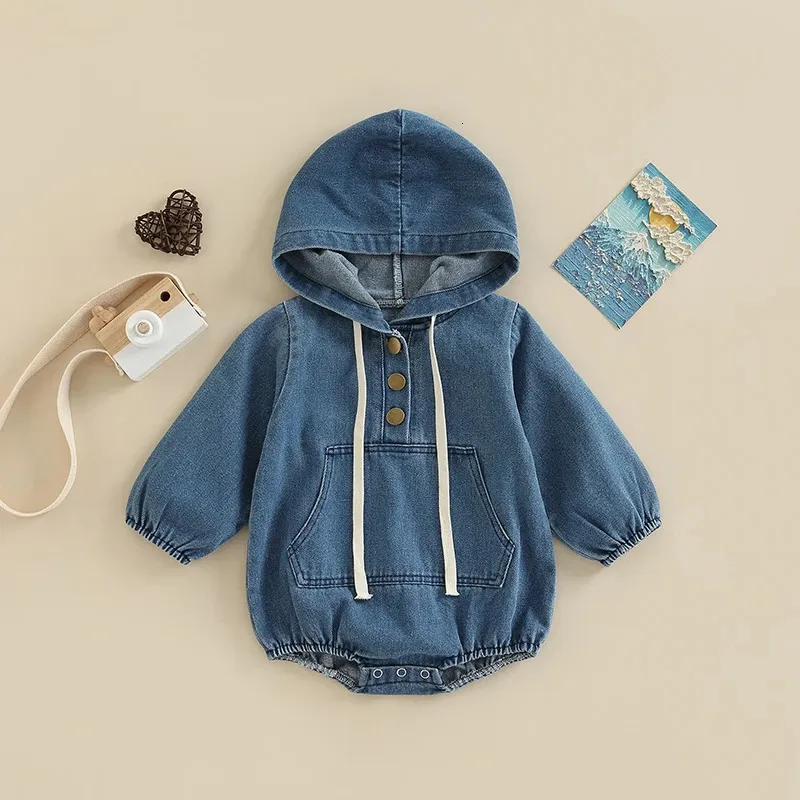 Rompers 08 04 Lioraitiin 0 24M Infant Baby Boy Fall Hooded Bodysuit Long Sleeve Button Front Solid Color Denim Jumpsuit 231207