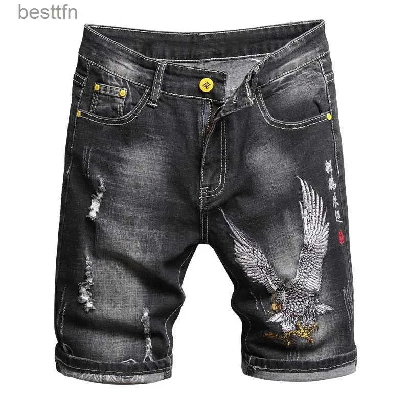 Herren-Jeans, Sommermode, Herren-Denim-Shorts, chinesischer Stil, Stickerei, klassisch, schwarz, Stretch, schmal, lässig, kurze Jeans, Trend, Streetwear, L231208