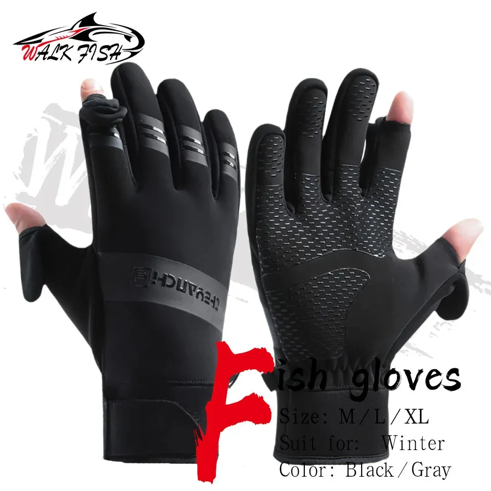 Five Fingers Gloves WALK FISH 1 Pair Waterproof Winter Fishing Gloves 2 Finger Flip Windproof Women Men Gloves Warm Protection Fish Angling Gloves 231207