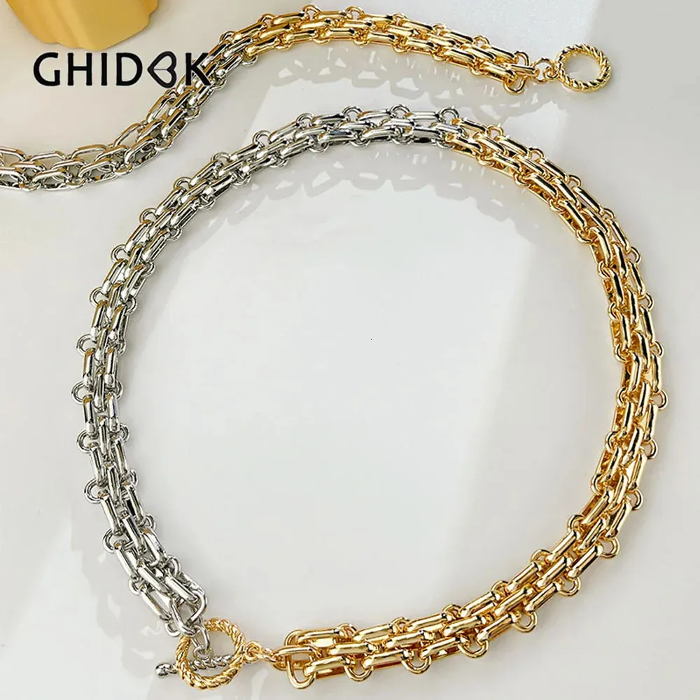 Pendant Necklaces Ghidbk Hip Hop Two Tone Thick Wide Link Chains Chunky Necklace for Woman OT Buckle Metal Choker Statement Jewelry Gift 231208