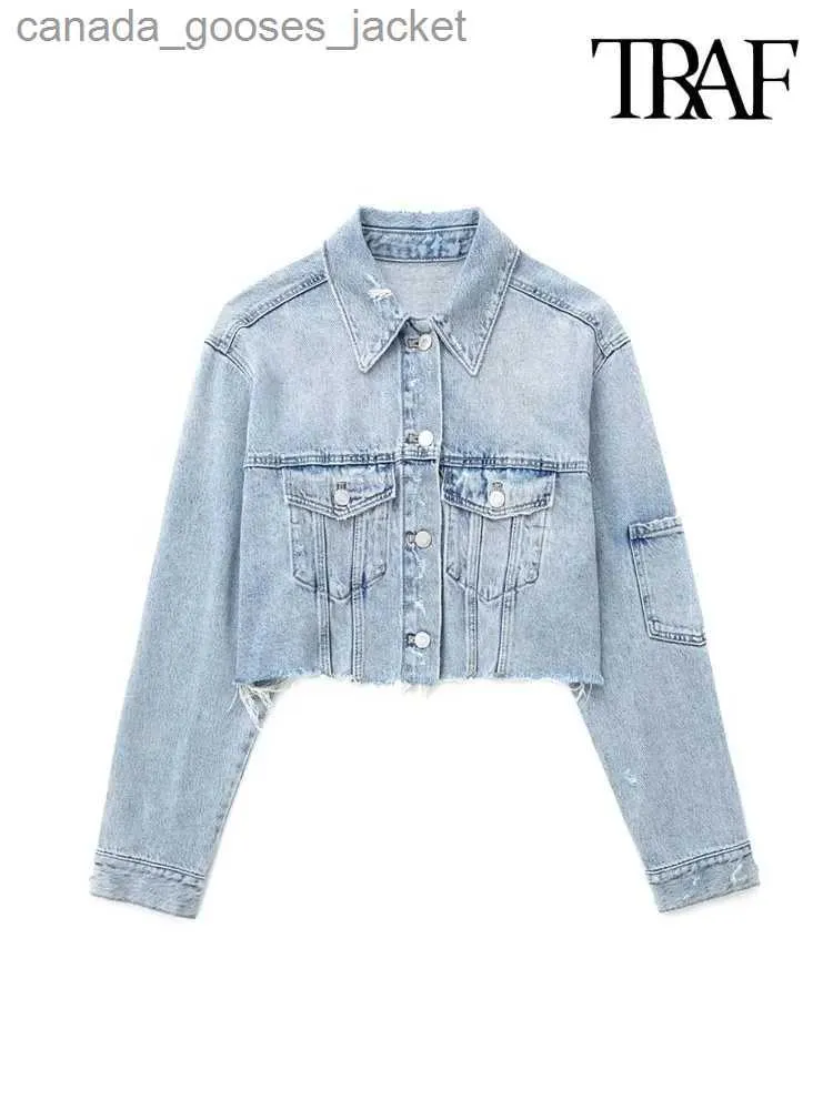 Kvinnors jackor traf kvinnor mode lappfickor rippade denim beskurna jacka kappa vintage lång släde frayed hems fe yttre kläder chic toppar l231208