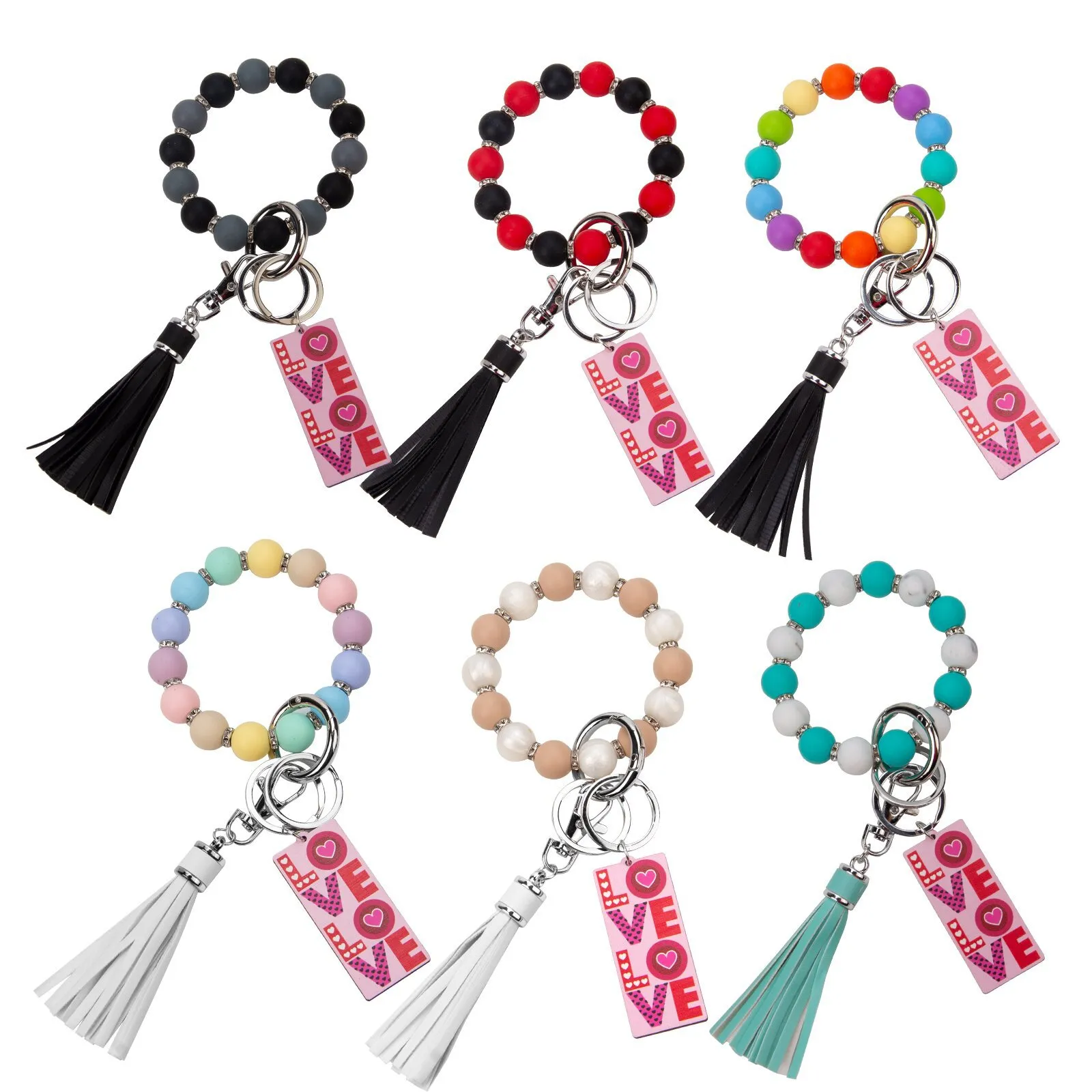 LOVE Letter Wood Silicone Beaded Bracelet Wrist Keychain Pendant PU Tassel Bracelet Keyring Jewelry Fashion Portable Anti Lost Wrist Chain Accessories 2023