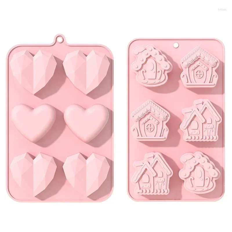 Bakvormen 6 Holte Diamant Hart Chocolade Siliconen Mal Kerst Peperkoek Huis Snoep Biscuit Schimmel Liefde Ijsbakje Tool gift