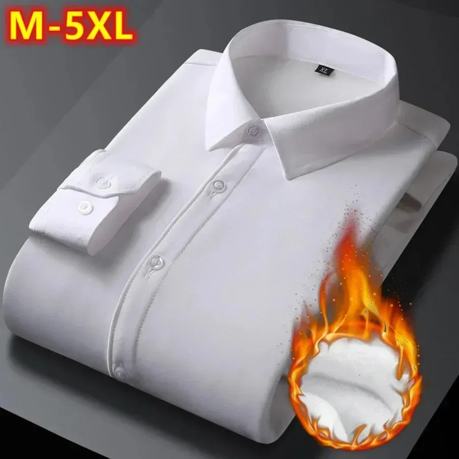 Camisas casuais masculinas 2024 outono inverno manga longa branco quente velo estiramento camisa formal negócios escritório wear vestido masculino m 5xl 231208