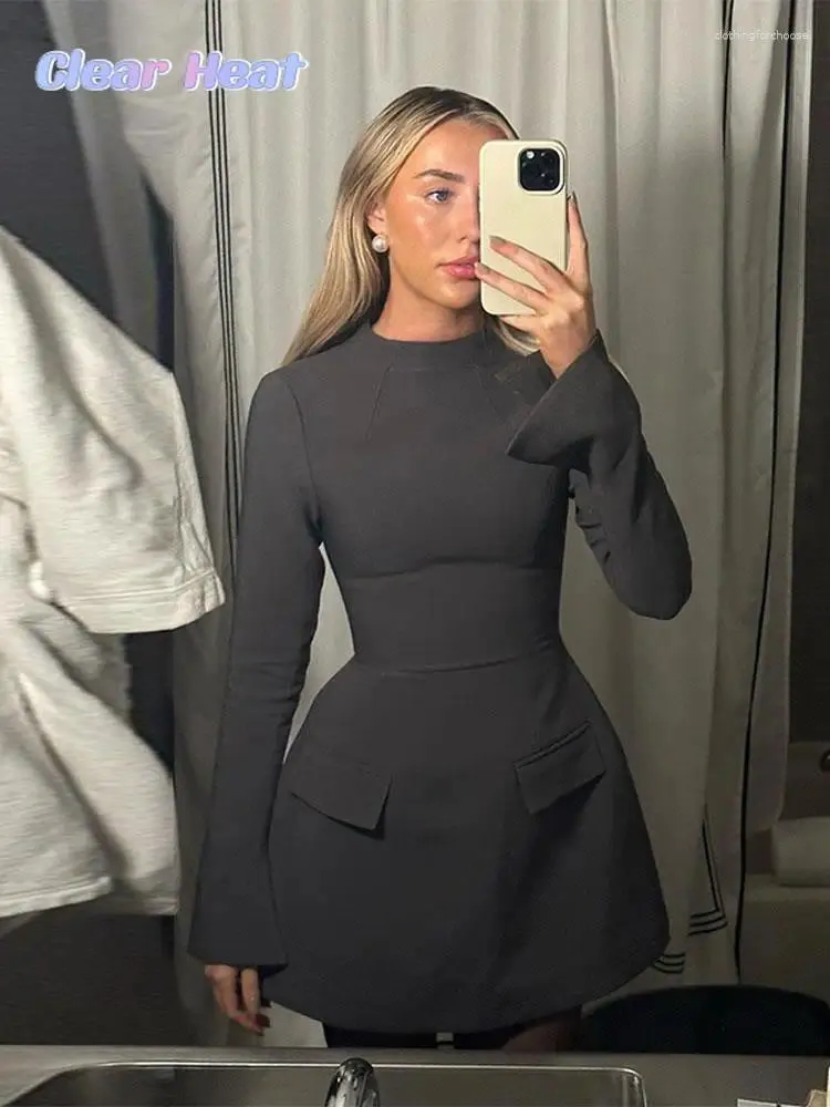 Dark Grey Long Sleeve Mini Dress with Pockets Casual Chic Elegant for Women 2024