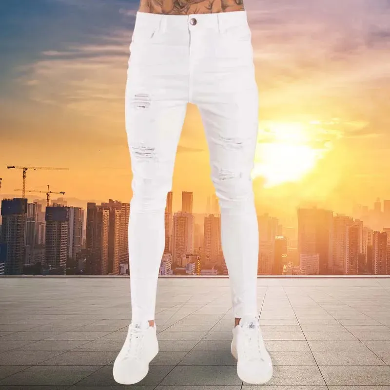 Jeans da uomo 2023 Mens Hip Hop Bianco Moto Skinny Strappato Colore puro Pantaloni in denim elastico Maschio Casual Girovita Matita da jogging 231207