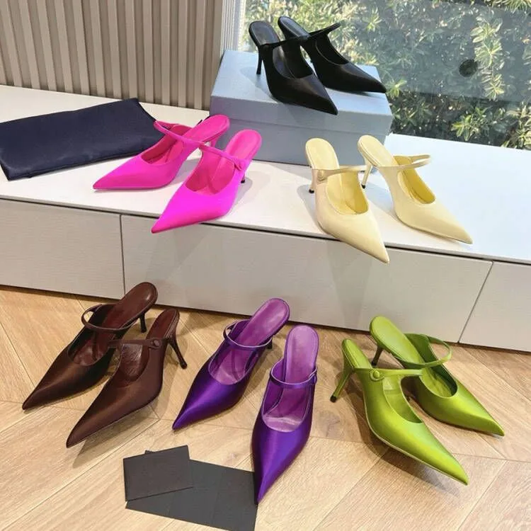 Women s Satin Pointed Toe Mules Heels Slippers 90mm Stiletto Luxury Party Sandals with Leather Lining Summer 2024 Fashion Shoes