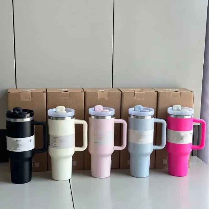 US Stock 1:1 With Logo 40oz H2.0 Stainless Steel Tumblers Cups With Silicone Handle Lid and Straw Big Capacity Car Mugs Vacuum Insulated Water Bottles 1122