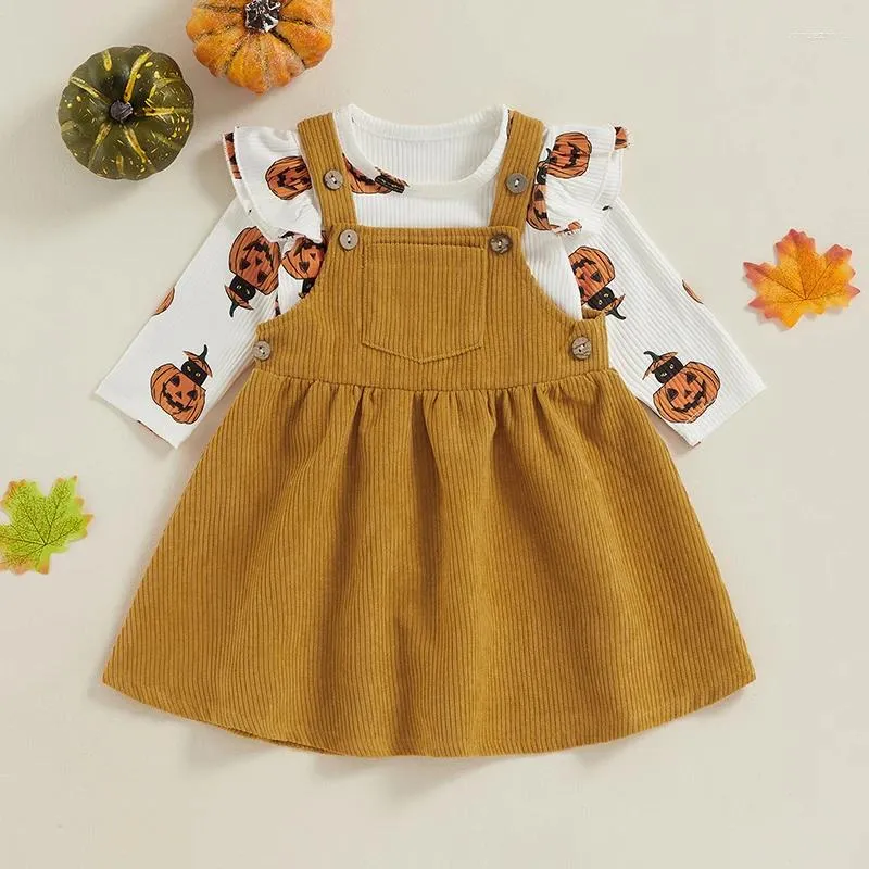 Kläderuppsättningar Suefunskry baby Girls Halloween Outfits Pumpkin/Ghost Print Ruffled Long Sleeve Romper and Corduroy Suspenders Dress