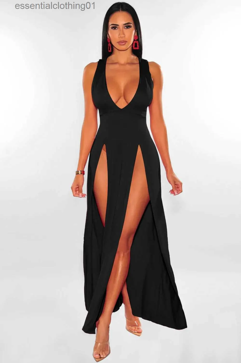 Urban Sexy Dresses Été Y2k Sleless Moulante Maxi Robe Femmes Sexy Col En V Haute Fendue Élégante Longue Robe De Soirée De Bal De Soirée A-ligne 2023 L231208