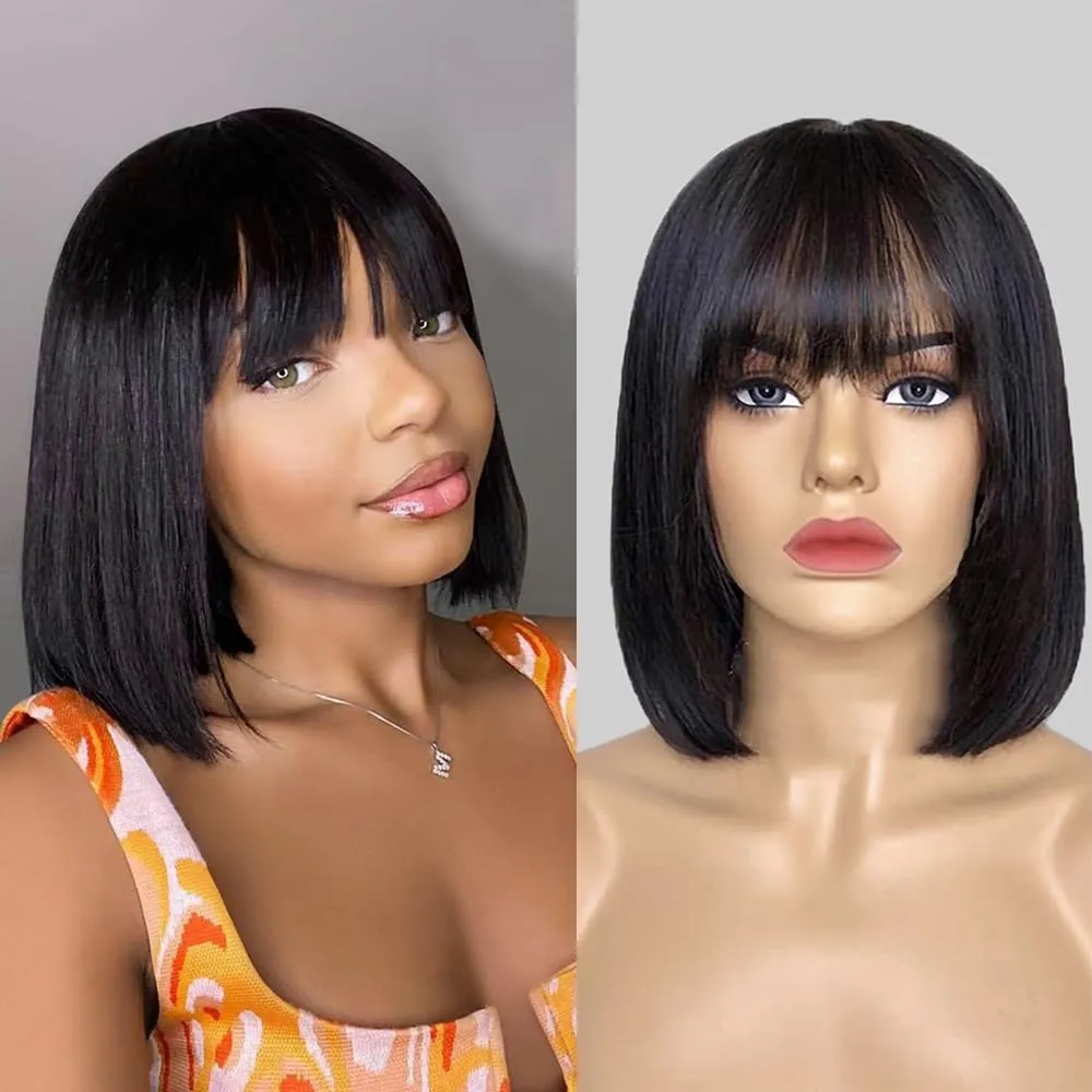 Peruca de franja reta bob com franja cabelo humano sem cola curto bob máquina feita perucas para mulheres