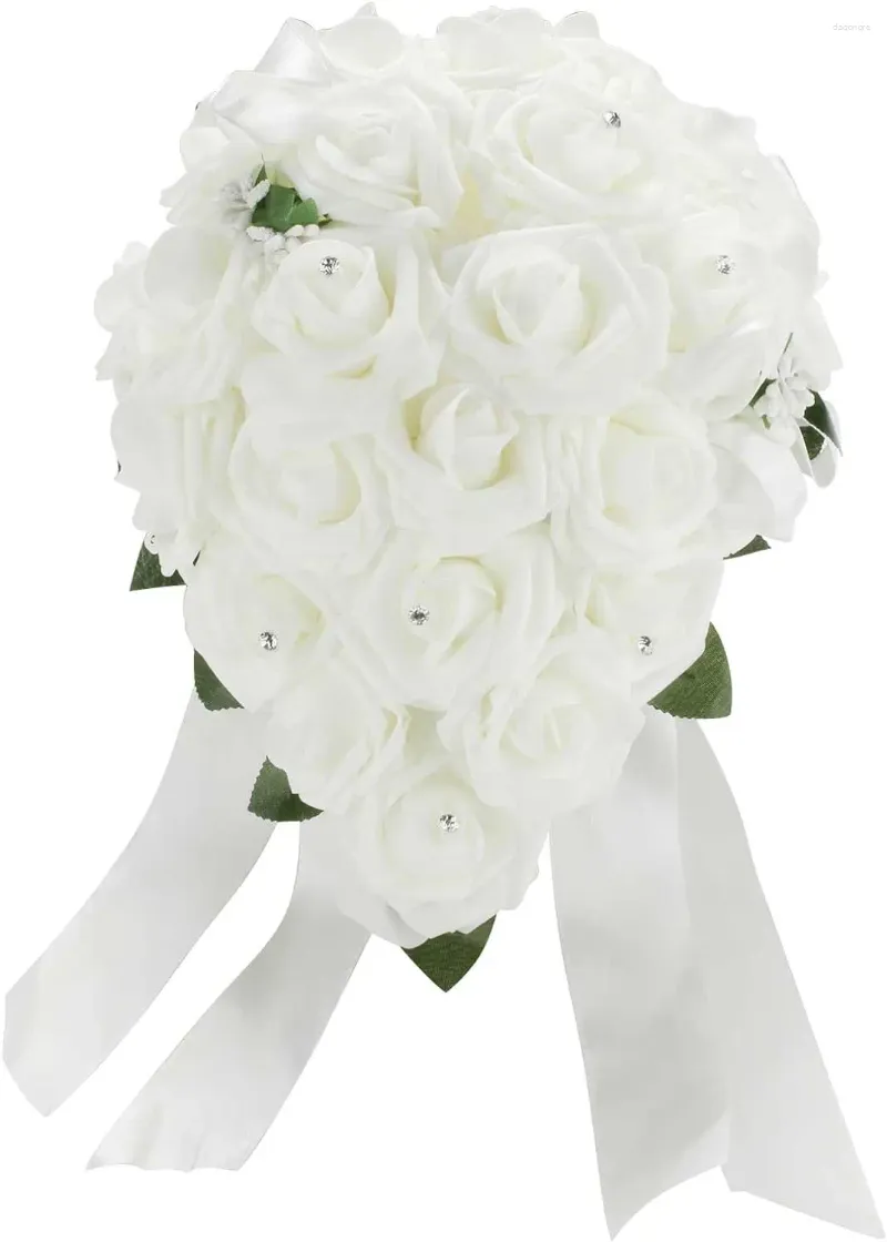 Decoratieve bloemen bruidsboeket witte PE Rose bruids bruidsmeisje satijnen lint decor handgemaakte posy parel strass plant blad wijnstok