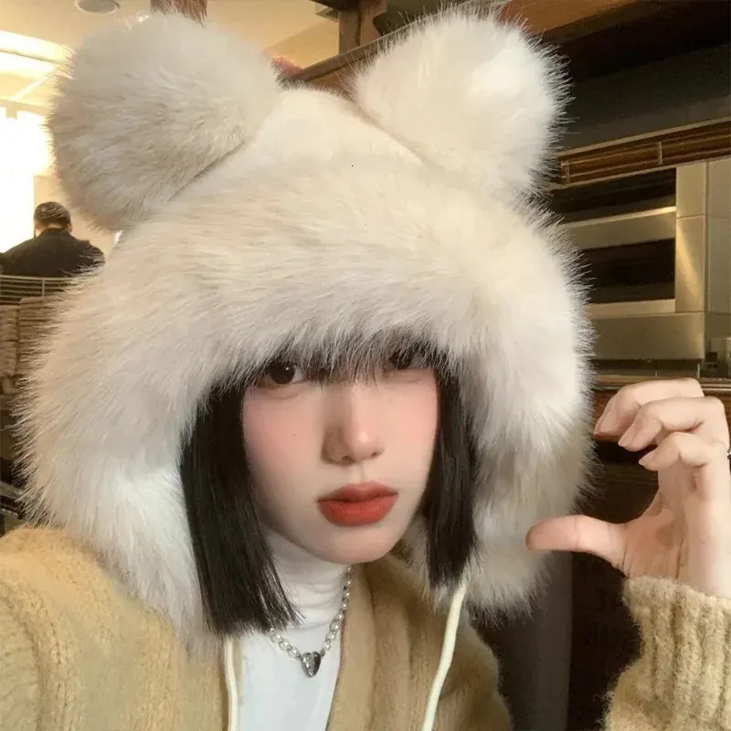 Trapper Hats Winter Cute Pom pom Strap Ear Protection Women s Korean Cartoon Bear Ears Thickened Warm Versatile Plush Bomber Caps Men 231208