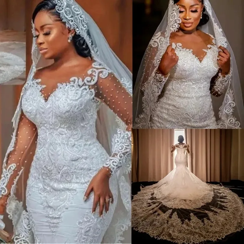 2024 Robe de mariée de sirène africaine à manches à manches longues en V V perle en dentelle Pleats Court Train Bridal Robes pour femmes Abendkleider Vestidos de Novia