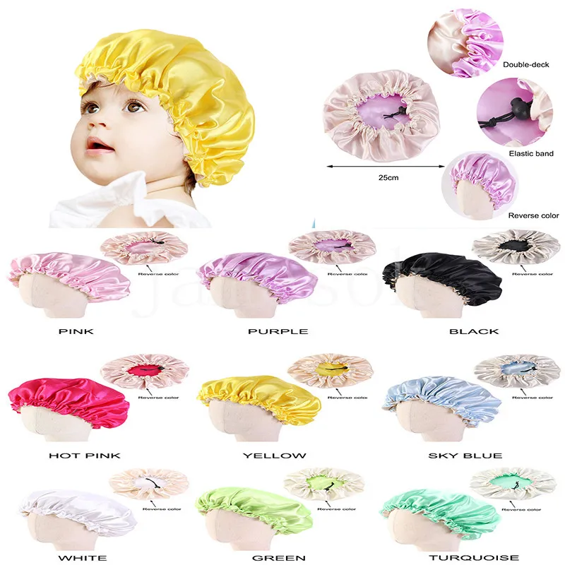 Baby Satin Double Deck Night Cap Barn Eastic Justerable Shower Caps Kids Bonnet Hair Hat DD501