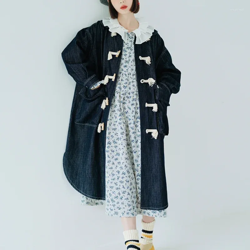 女性用ジャケットLKSKオリジナルデザイン長袖デニムコートオックスホーンボタン日本のポケットルーズ冬