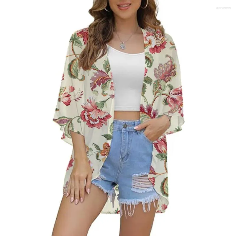 Women's Swimwear Half Sleeve Kimono Loose Version Casual Beach Dress Cardigan Fashion Bath Flower Print Bubble