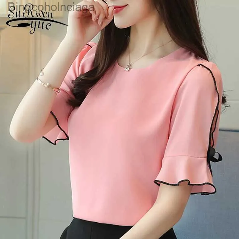 Women's T-Shirt Fashion 2023 Chiffon Women Blouse Shirt Bow Short Sle Sweet Women's Clothing Pink O-neck Summer Feminine Tops Blusas D621 30L231208