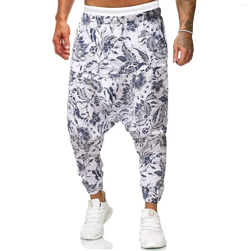 Men's Pants 2023 Ink Painting Printed Loose Cotton And Linen Print Flower Bouquet Feet Large Men Sports Toe Slip