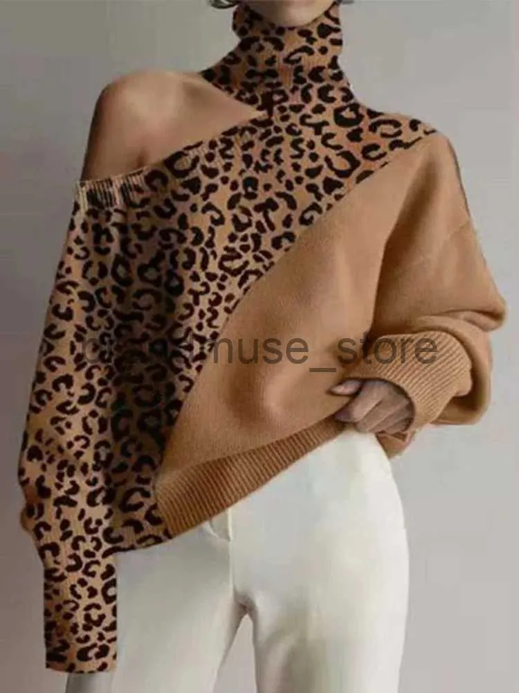 Kvinnors stickor Tees Women's Sweaters 2023 Autumn Winter Ny i hög krage av axelstickad tröja Kvinnlig leopardmönster långärmad topp J231208