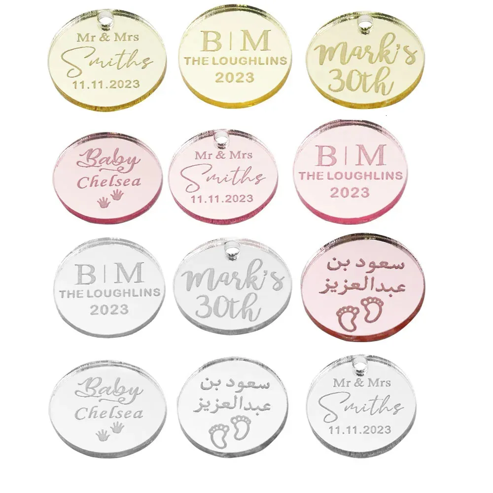 Other Event Party Supplies 205060100pcs Personalized Engraved Mirror Gift Tags Wedding Name Tags Acrylic Cupcake Toppers Circle Cake Charms Baby Shower 231208