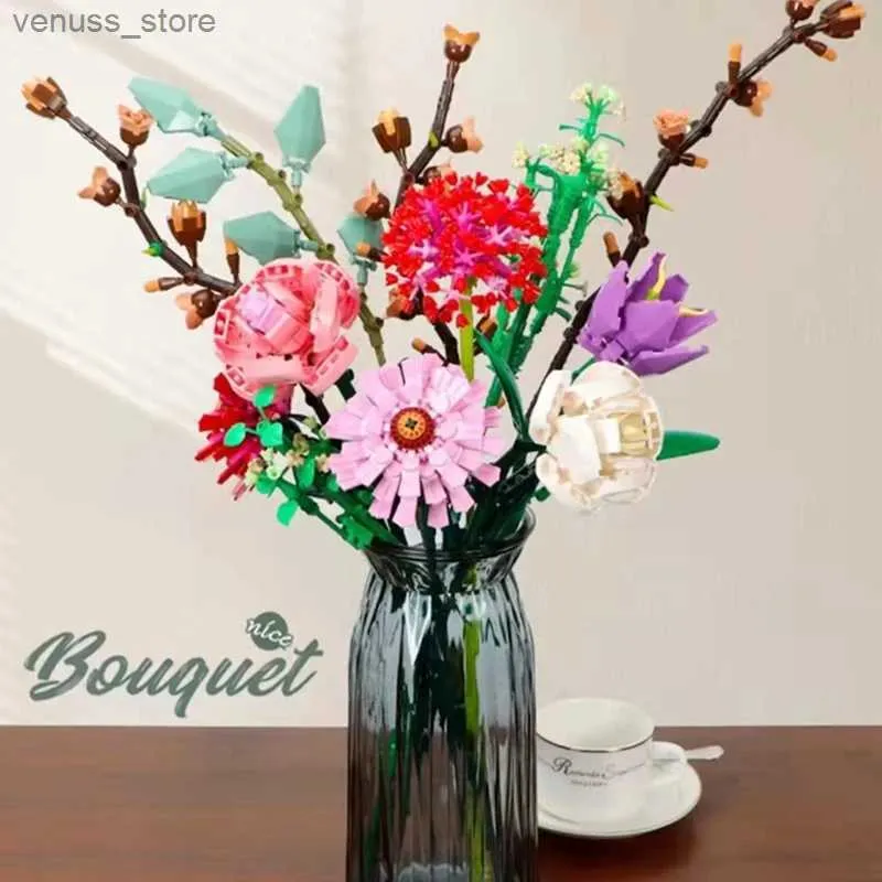 Blocs Romantique Rose Gypsophile Fleur Vase Marguerite Jardin Maison Plante Assemblage Blocs De Construction Modèle Classique Briques Ensembles Enfants Kits R231208