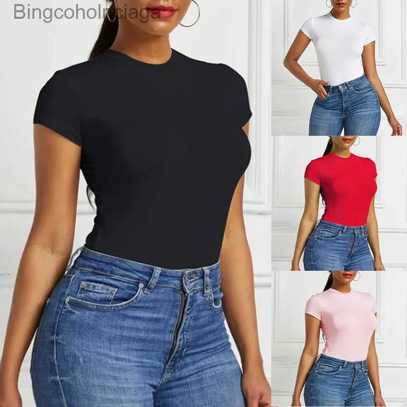 Kadın T-Shirt Seksi Tek Parça Bodycon Bodysuit Kısa Sle O Boyun Açık Temel Beyaz Siyah Kırmızı Tulum Kadınlar Vücut Top Sıska Tutulmalar Fel231208