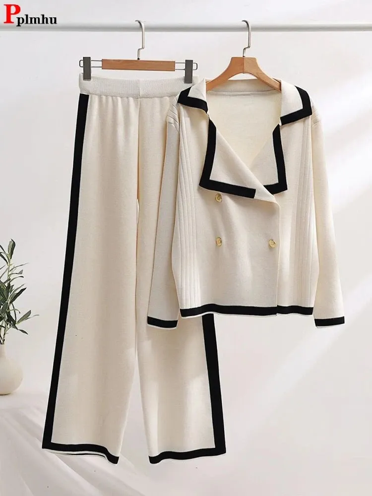 Women s Two Piece Pants Korean Knit 2 Sets Double Breasted V neck Cardigan Outfit High Waist Wide Leg Soft Pant Suit Elegant Woman Spring Ensemble 231208