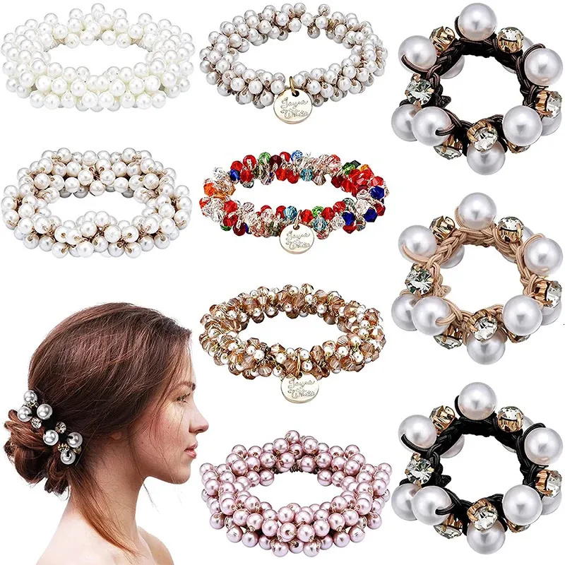 Hair Rubber Bands Crystal Hair Ties Boho Elastic Hair Scrunchies Pearl Hair Ropes Bead Ponytail Holders Hair Accessories For Women and Girls 231208