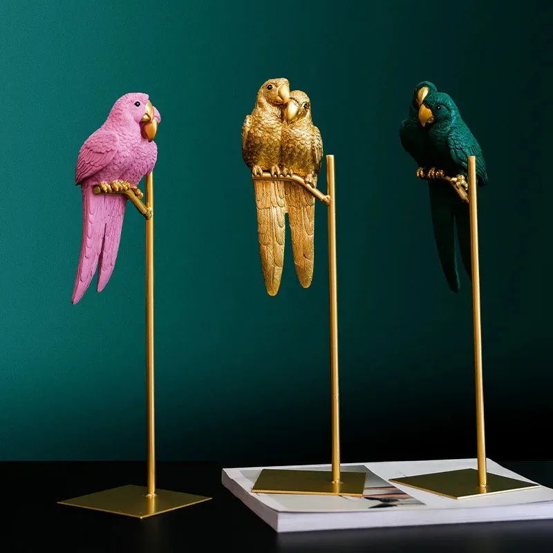 Dekorative Objekte Figuren Nordisches kreatives Kunstharz Simuliertes Tier Glückspapagei Vogel Kunsthandwerk Ornamente Gold Moderne Heim-Desktop-Dekoration Figuren Geschenk 231207